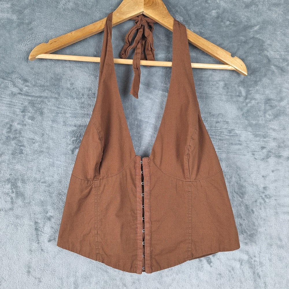 Womens Top Large Brown Halter Corset Western Cowgirl Babydoll Y2K Boho‎ Festival